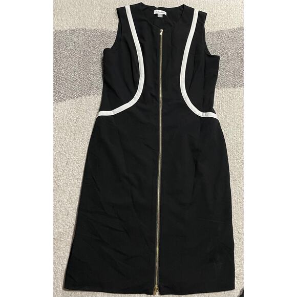 Calvin Klein Sleevelss Sheath Dress Full Zip Knee Length Womens 10 Black Stretch - Picture 1 of 11